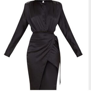 PRETTYLITTLETHING Black Satin Long Sleeve Backless Dress